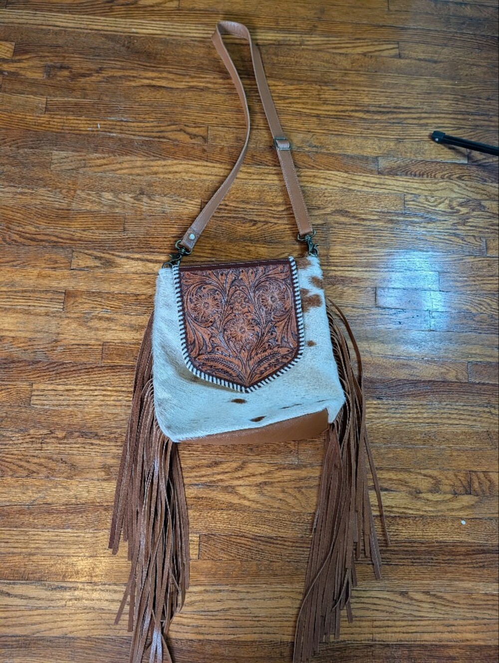 Myra Bag Brown & White Tooled Leather Fringe Crossbody